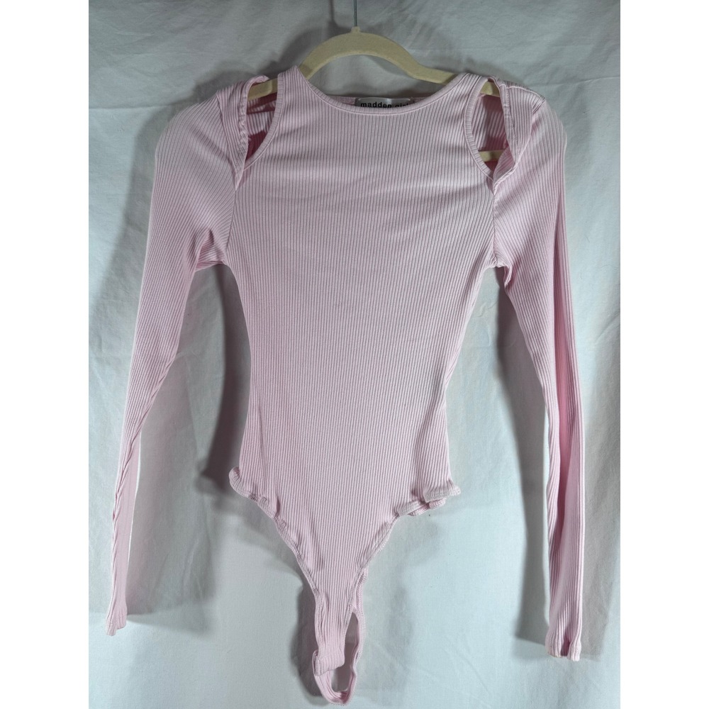 Madden Girl Pink Ribbed Cold Shoulder Long Sleeve Bodysuit Size S Small Cut Out